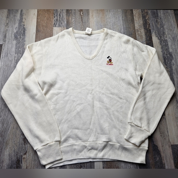 Disney Vintage Mickey Mouse Florida Sweater V-Neck White Medium - Picture 1 of 10